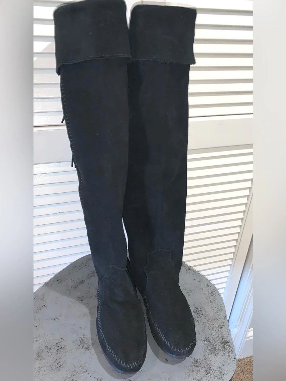 Minnetonka Over The Knee Fringe Boots Suede Black Women’s Size 9
